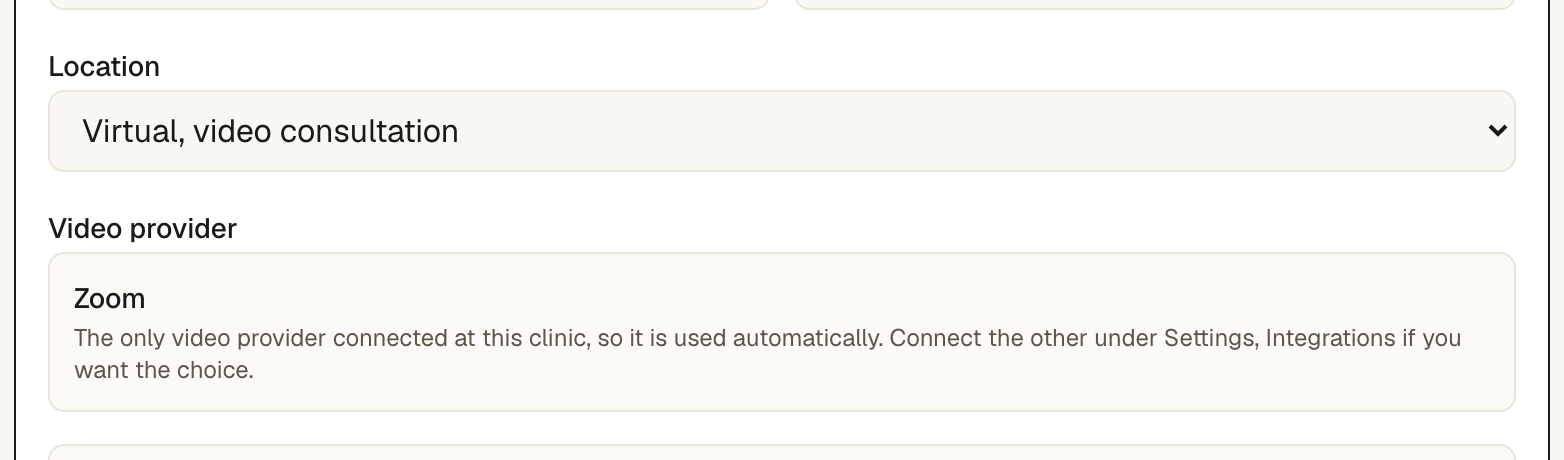 The appointment type editor in Clinicify with Location set to a virtual video consultation and Zoom selected as the video provider.